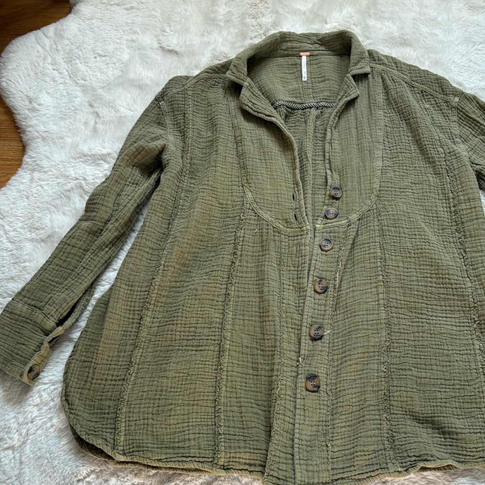 Free People All About the Feels Olive Green Button Down Shirt
